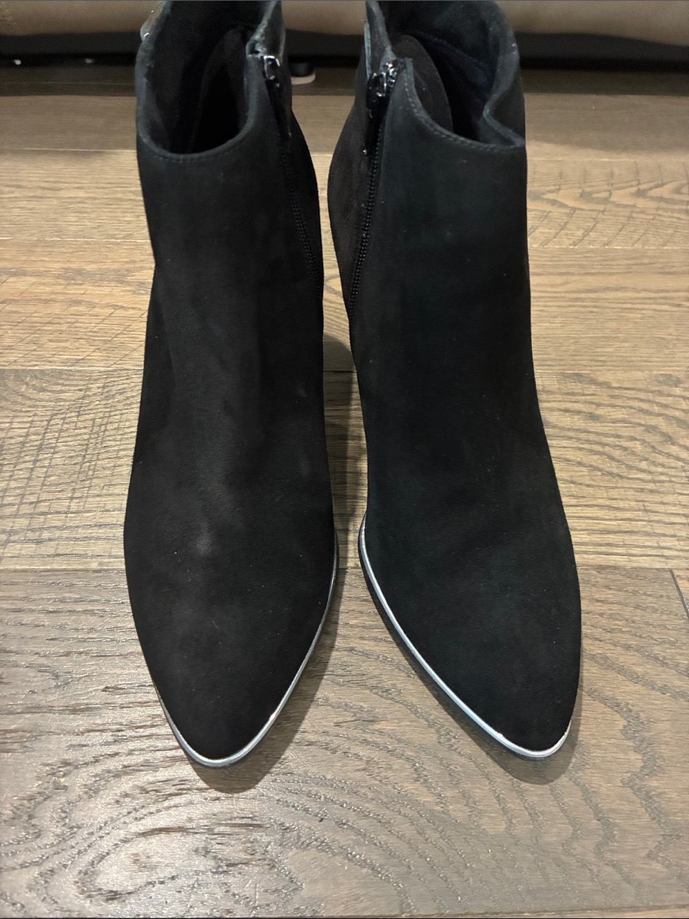 Women's Black Suede Pointed Ankle Booties with Metallic Trim